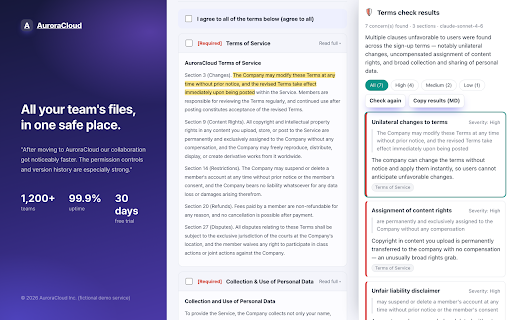 ClauseGuard — Toxic Clause Checker for Terms :: Chrome extension that checks sign-up terms for unfair clauses using your own AI model.