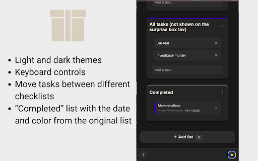 To-do & Task List with random | Surprise Box :: Smart task manager with a 'surprise box' feature that randomly selects tasks. All data stored locally.
