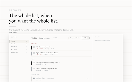 Daybook :: A local-first task list with a morning brief and an end-of-day check. No account, no server, no network.