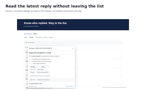 Last Comment for GitHub :: See who replied last and preview Markdown from GitHub issue and pull request lists. No tokens. No developer telemetry.