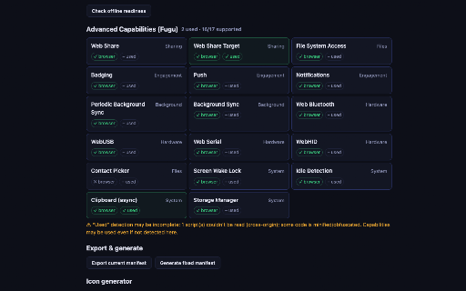PWA & Installability Inspector :: Audit any site for PWA installability — manifest, service worker, icons, offline & Fugu APIs — with actionable fixes.
