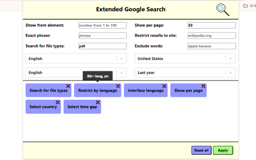 Extended Google Search :: Extend your Google Chrome search experience with advanced search parameters.