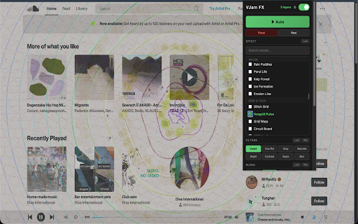 VJam FX — VJ Effects for Any Website :: Overlay 191 music-reactive VJ visuals on any webpage. Multi-layer, beat detection, auto-cycle, blend modes, text & scenes.