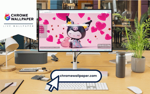 Kuromi Love Live Wallpaper :: Cute Kuromi figurine with pink hearts against pastel background, featuring star details.