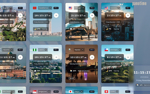 panotime :: Transform your new tab page into a beautiful world clock dashboard - the elegant way to track time across multiple time zones.