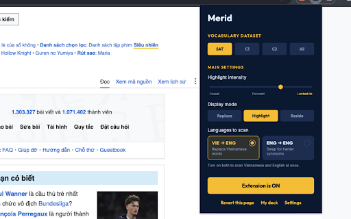 Merid :: Learn English while you browse: swaps Vietnamese or English words for SAT/CEFR vocabulary, with hover learning cards.