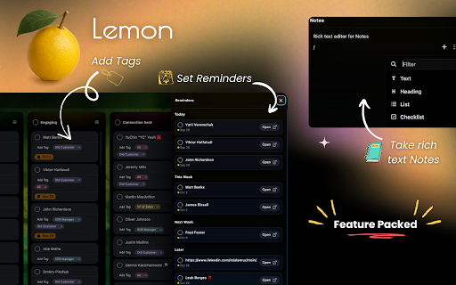 Lemon - A Local CRM for Linkedin :: A lightweight Kanban board based CRM that works on top of your bookmarked contacts for Linkedin. Built by the team at Quibbly.