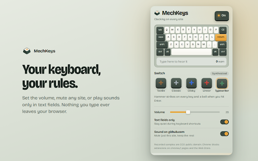 MechKeys: Mechanical Keyboard Sounds :: Hear real mechanical keyboard sounds as you type on any website. Recorded switches plus clicky, linear and typewriter modes.