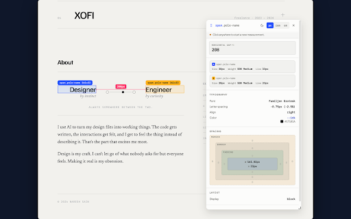 Design Tool :: Figma-style inspection for any website. Hover for type styles, click two elements to measure the gap, see the spacing box.
