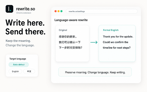 rewrite.so — Write naturally in any language :: Three native-sounding rewrites of any text input — faithful, casual, formal. Write naturally in any language; double-tap Shift.