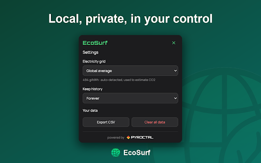 EcoSurf :: Track the carbon footprint of your web browsing with CO2, energy, and data stats by day, week, month, or custom range.