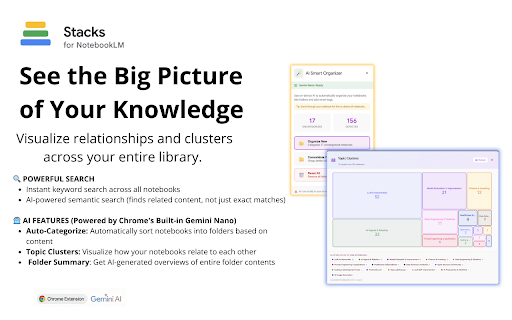 Stacks for NotebookLM: Folders & AI Search :: Organize your Google NotebookLM with folders, tags, and AI-powered semantic search.