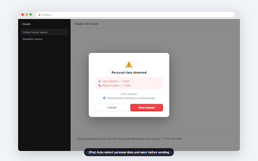 AI Data Masker :: Mask personal data before sending to AI services. Protect emails, phone numbers, URLs, and custom keywords.