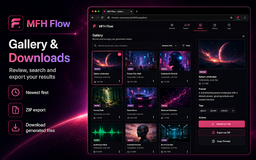 MFH Flow :: Batch automate Google Flow prompts with refs, character tags, queues, and one-click downloads.