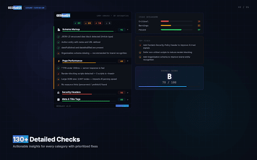 GEOAudit - AI Agent Readiness Checker :: Analyze web pages for AI agent discoverability and GEO (Generative Engine Optimization) readiness. 15 categories, 130+ checks.