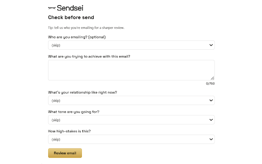 Sendsei - Tone & risk check for Gmail & Outlook :: Reviews your draft before you send it - tone, risk flags, and a suggested rewrite. Works in Gmail and Outlook.