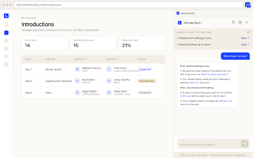 NetworkOS :: Sync your LinkedIn connections to NetworkOS and chat with your network from the side panel.