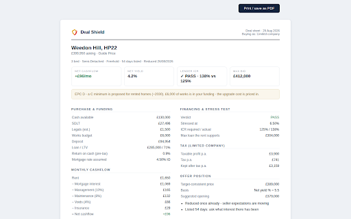 Deal Shield - BTL Deal Analyser :: BTL and BMV appraisal on Rightmove, Zoopla & OnTheMarket: cashflow, max bid, stress test, tax, EPC cost, comps, BMV offers.