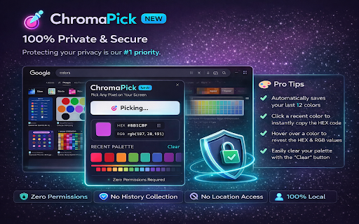 Color Picker & EyeDropper – HEX, RGB & History :: Pick colors from webpages instantly. Copy HEX and RGB values, save color history, and work without extra permissions.