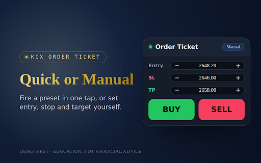 KCX Order Ticket for TradingView :: Clickable Buy/Sell/Close order ticket overlaid on TradingView, executing on your BettaTrader account.