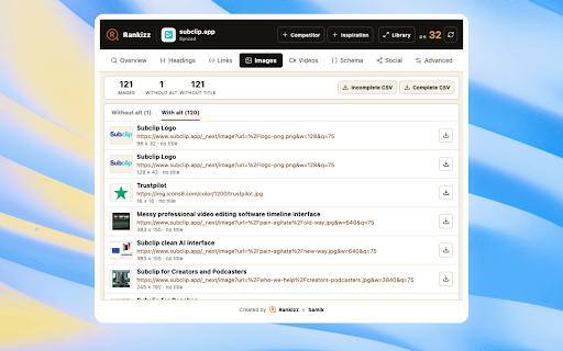 Rankizz SEO Extension :: Audit on-page SEO, links, images and schema, check Ahrefs DR, export results, and save websites as competitors or inspiration.