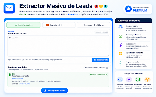 Extractor de correos y teléfonos :: Extrae correos, teléfonos, enlaces y tecnología visible; exporta a CSV o Excel y activa Premium mensual.