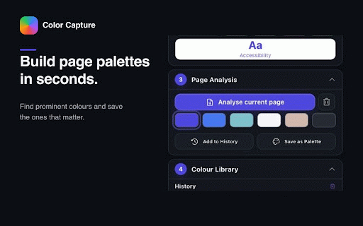Color Capture :: Pick colours, check WCAG contrast, analyse palettes, and save HEX, RGB and HSL locally in Chrome.
