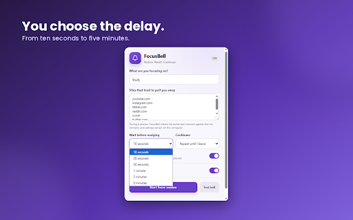 FocusBell - ADHD Focus Reminder & Gentle Distraction Nudges :: ADHD-friendly bell and banner reminders help you return to focus when distracting websites pull you away.