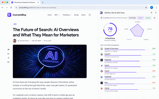 SEOFliq: AEO & GEO Suite :: AI search visibility auditor — AEO & GEO analysis across 8 leading AI answer engines. Schema, crawlers, E-E-A-T.