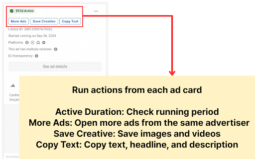 FB Ad Library Helper - One-Click Ad Research :: Save creatives, copy ad text, and open more ads from Meta/Facebook Ads Library faster.