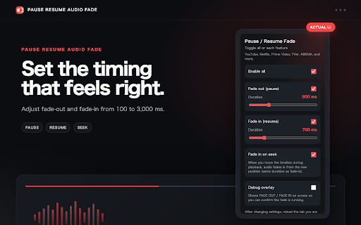 Pause Resume Audio Fade :: Softly fade audio on pause, resume, and seek in browser video players.