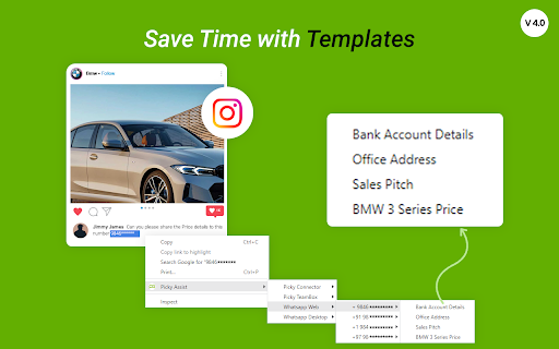 Picky Assist 4.0 - WhatsApp Integration :: Access WhatsApp, automate, chat, call, and update CRM from any webpage with just a click—no more switching tabs