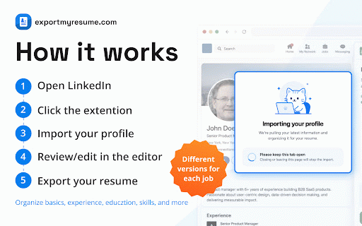 Resume from LinkedIn: PDF & Word CV Export – ExportMyResume :: Turn your LinkedIn profile into an ATS-friendly resume in one click. Free PDF & Word (DOCX) export with a free account.