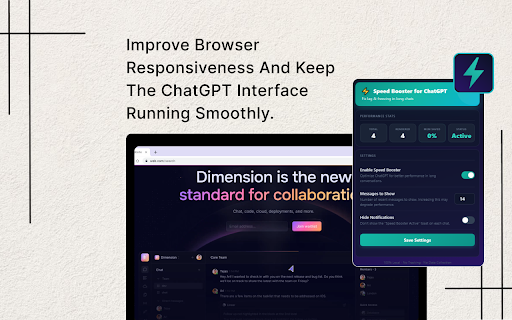 Speed Booster for ChatGPT :: Stop browser freezing and lag in long ChatGPT conversations. Instantly speeds up the entire UI and reduces memory usage.