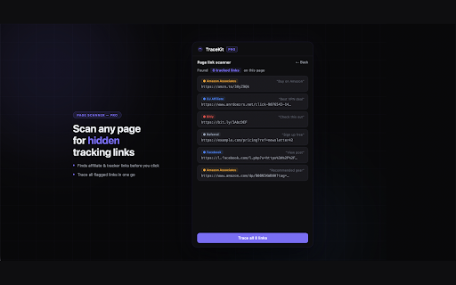 TraceKit — Redirect & Affiliate Inspector :: Reveal the full redirect chain behind any link. Spot affiliate networks, tracking params, and the real final URL — instantly.
