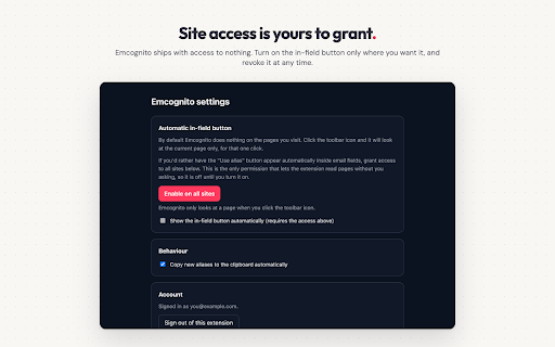Emcognito Email Alias Generator & Forwarding :: Create a disposable Emcognito alias the moment a site asks for your email, and fill it in one click.