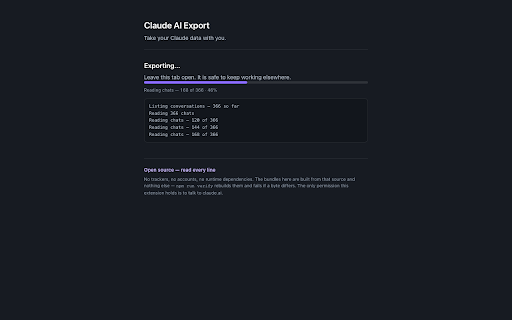 Claude AI Export — chats, projects & tasks :: Export claude.ai chats, projects, attachments and scheduled tasks to a local zip. Runs in your browser; nothing is uploaded.
