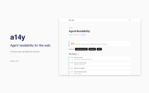 a14y (Agent Readability) :: Score how well any website is readable by AI agents like ChatGPT, Claude, Copilot, and Cursor.