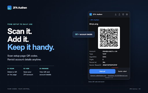 2FA verification code :: Offline TOTP two-step verification code manager: one-click scanning of webpage QR codes, batch migration and import from any…