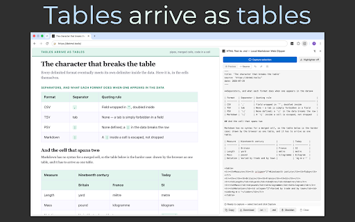 HTML Text to .md — Local Markdown Web Clipper :: Select any part of a page and convert it to clean Markdown. Tables, code and math stay intact. Runs locally in Chrome.