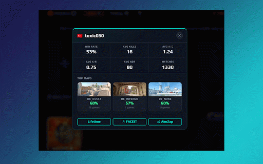 Aimzap :: Track CS2 ELO changes, view detailed match statistics, and watch demos in an interactive 2D viewer.