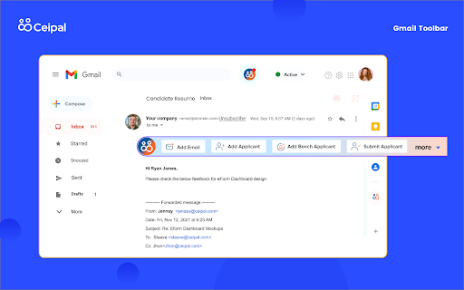 CEIPAL ATS For Gmail :: Easily add and manage clients, vendors, applicants, and jobs directly into the Ceipal ATS from your Gmail.