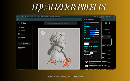Boostrix - Smart Sound Booster - Volume Amplifier & Equalizer (1000% Boost) :: 🔊 Boost beyond 900%, fine-tune with EQ presetes, and switch themes in a click total audio control in your browser!