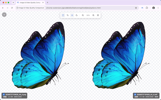 Image & Video Quality Comparator :: Compare two images/videos with a slider or split view. Synced zoom, pan and playback. 100% local, no uploads.