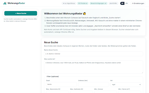 WohnungsRadar :: Finds rental homes in Germany for you: searches ImmoScout24, Kleinanzeigen, Immowelt & more, scores every ad, writes to landlords.