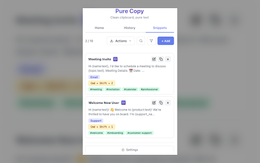Pure Copy :: Smart clipboard manager: Save text snippets, copy without formatting, track history. Perfect for productivity.