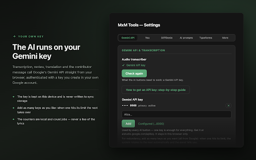 MxM Tools :: Unofficial helper for Musixmatch curators: editing shortcuts, AI transcription, review, lyrics comparison and quality reports.