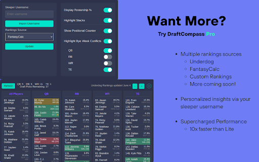 DraftCompass Lite :: Level up your drafts by integrating your own custom rankings into Sleeper draft-rooms.