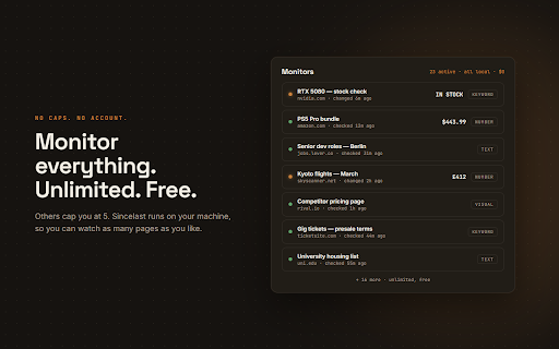 Sincelast — Free Website Change Monitor & Price Tracker for Any Page :: Monitor any web page for changes & price drops. Unlimited local monitors, compare-on-visit, instant alerts. Free, no account.