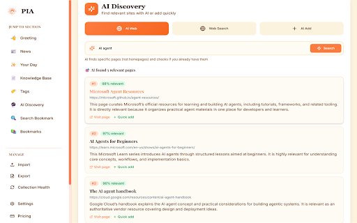 PIA - Personal Intelligence Assistant :: Your personal AI-powered bookmark dashboard - beautiful startup page with smart organization